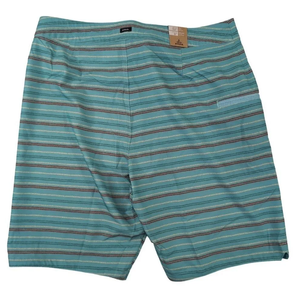 Prana Fenton Boardshorts Swimsuit‎ Mens 32 Aqua Beach Stripe 9 Inch Stretch